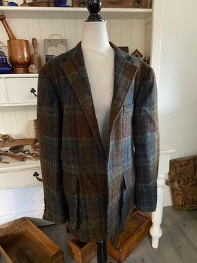 Hickey Freeman Brown & Green Plaid Wool Sport Coat